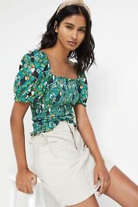 ANTHROPOLOGIE NEW $88 Dolan Smocked Toucan Cropped Puff Sleeve Top Size XS