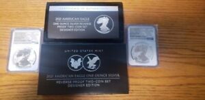 2021 $1 Reverse Proof American Silver Eagle 2 Coin Designer Set NGC PF69 T1 & T2