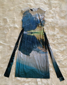 Akris Seealpsee Side Tie Dress Cotton Poplin Midi Print Blue US 6