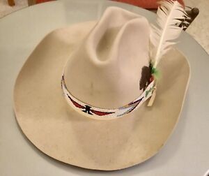 Vintage Used John B. Stetson Beaver 5X Cowboy Hat with Indian Beaded Band 7 1/4”