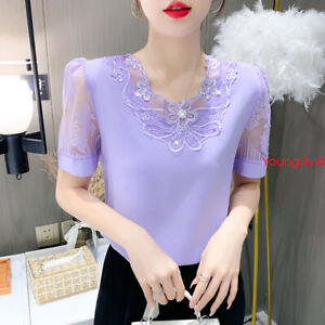 Korean Womens Beaded Embroidered Puff Sleeve Summer Elegant Tops T-shirt Blouse