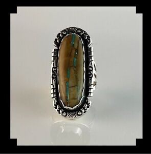 Long Sterling and Boulder Turquoise Ring Size 8 1/4