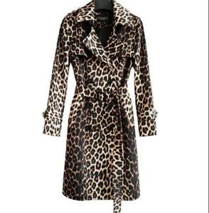 Chic Womens Leopard Print Trench Coat Mid-Length Casual Work Outdoor Windbreaker