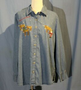 Pine Cone, 2X (18/20) Chambray Shirt with Santa and Reindeer   Cute and Festive