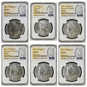 2021 Morgan & Peace Silver Dollars NGC - MS70 - 6 Coin Set P, D, S, O, CC, Peace