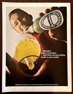 1967 HEINEKEN Beer Vintage Print Ad Bottle Pour Glass Holland