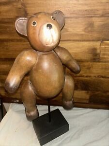 VINTAGE HAND CARVED WOODEN ARTICULATED TEDDY BEAR on STAND THAILAND 17.5”