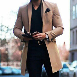 Mens Casual Slim Fit Fashion Warm Coat Wool Blend Lapel Collar Trench Outwear