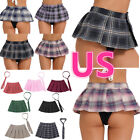 US Women's Micro Skirts with Necktie Mini Plaid Skirt Pleated Schoolgirl Cosplay