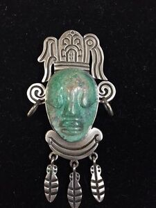 Antique Sterling Silver Cheif Head Brooch with Carved Maw Sit-Sit, Signed MCE
