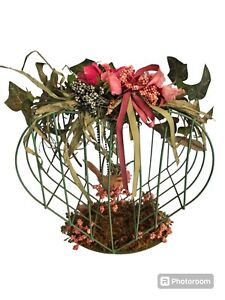 Vintage Heart Shaped Green Metal Bird Cage Flowers Bird Table Topper Decor