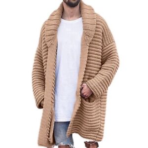 Mens Mid-length Cardigan Sweater Lapel Long-sleeved Wool Jacket Casual Coats 3XL