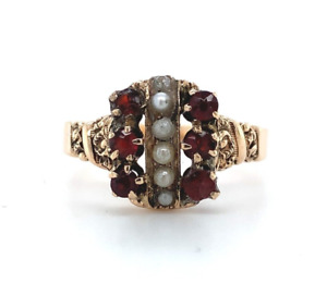 Victorian 14k Yellow Gold Garnet Ring with Seed Pearls Jewelry (#J5815)