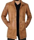 Leather Trench Coat-Mid Length Coat For Men-Khaki Sheep Coat-Trench Coat For Men