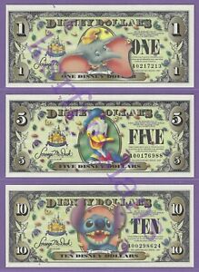 2005 A $1 $5 $10 DISNEY DOLLARS DUMBO DONALD STITCH 1ST ISSUE 2ND RELEASE