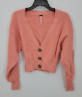 Free People Cardigan Sweater Womens XS Peach Cropped Button Front Deep V-Neck