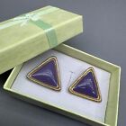 VTG Signed CRAFT Purple Enamel Gold Tone Modernist Triangle  80’s Earrings