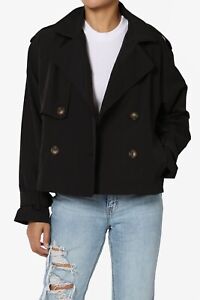 TheMogan Junior's Double Breasted Cropped Trench Jacket Casual Lapel Lightweight
