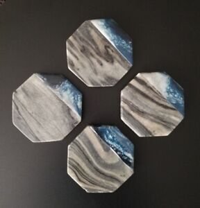 Handmade Gray Marble Coasters with Blue & Silver Epoxy Resin - Set of 4