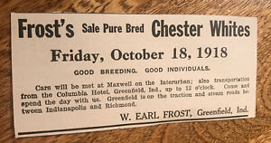 ORIGINAL 1918 Sow Public Sale Greenfield - Indiana - Farm Advertising - Hog Pig