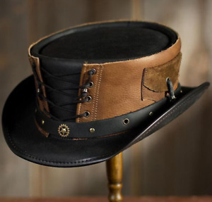Leather Top Hat Brown & Black  Steampunk Top Hat Corset Style Gothic Style Hat