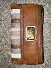 Fossil Women's Leather Wallet Long Live Vintage 1954 Stripe Light Brn/Wht/Gry EC