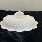 VINTAGE HOBNAIL MILK GLASS OVAL BUTTER DISH WITH LID AND CROWN