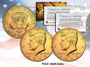 24K GOLD PLATED 2015 JFK Kennedy Half Dollar 2-Coin Set * P&D MINT * w/Capsules