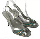 BCBG Paris Silver Gold Green Metallic Leather Slingback Heels Size 8.5B/38.5