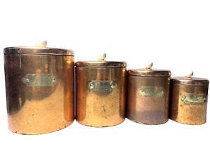 Vintage Copper Canister Set w/Lids White Porcelain Knobs Brass Labels Farmhouse