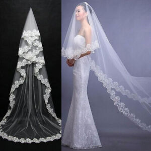 3M Long White Wedding Bridal Veils with Embroidery Lace Edge Bride Supplies US