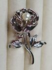 Vintage Style Metal Flower Brooch with Simulated Pearl - One Size - Silver Tone