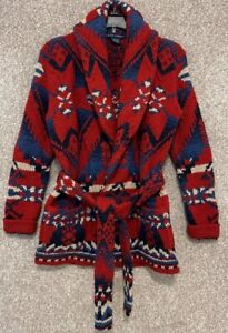 Ralph Lauren Womens XS Wool Handknit Shawl Aztec Western Belted Cardigan Sweater