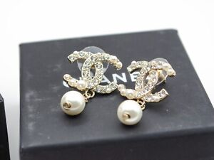 Chanel Classic CC logo mini gold Crystal and Pearls Stud Earrings  Authentic