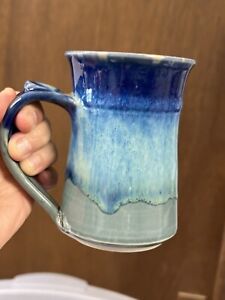 Studio Art Pottery Coffee Tea Mug Cup Blue Glaze Signed Beach, Tide ocean NEW!
