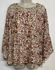 Style Co 0X Nylon Blouse Beige Rust Red Floral Bell Sleeve Stretch Peplum