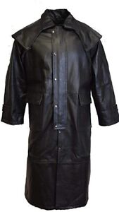 Trench Biker Coat Buffalo Leather Long Duster Goth Jacket with Removable Cape