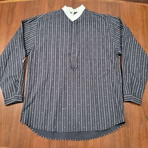 Wah Maker Frontier Pullover Peasant Shirt Banded Collar Navy Blue Pin Stripe