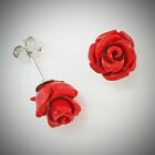 8mm Coral Red Rose Post Earrings in SOLID 925 Sterling Silver - NEW!