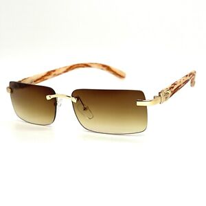 Gold Frame Men's Vintage Rimless Hip Hop Brown Tint Retro Rectangle Sunglasses