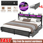 King/Queen Size Platform Bed Frame with Headboard ＆ Drawers Charging Station LED