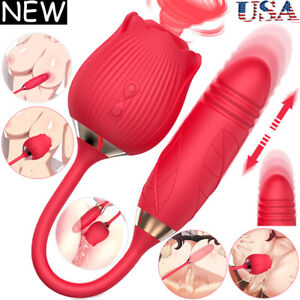 Rose Clit G-spot Vibrator Oral Sucking Thrusting Dildo Bullet Sex Toys for Women
