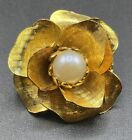 Vintage Gold Tone Brooch Faux Pearl Blooming Rose Flower