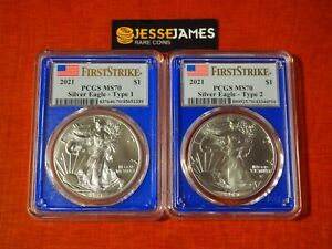 2021 SILVER EAGLE PCGS MS70 FIRST STRIKE 2 COIN SET BOTH TYPE 1 & 2 BLUE CORE