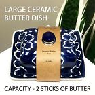 Large Ceramic Butter Dish Hold 2 Sticks Dark Blue White Floral Handcrafted India