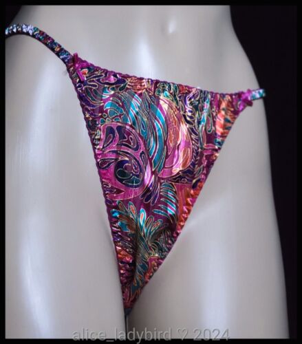 NWT Vintage 80s SATIN String Bikini PANTY Tanga BOWS Metallic Foil Stripes ~L/7