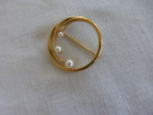 Vtg Monet Round Gold Metal Faux Pearls Modernist Pin Brooch Signed