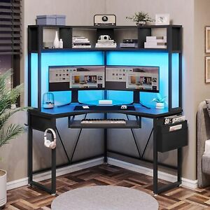 Corner Desk with Keyboard Tray, Small Computer Desk with Hutch & LED Lights