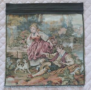 Vintage Victorian Tapestry Couple Stream Pup Dowel Or Wall Hanging Decor 21 x 20