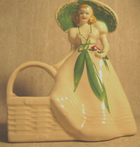 Vintage Brush (McCoy) Planter, Lady in a Bonnet Carrying a Basket